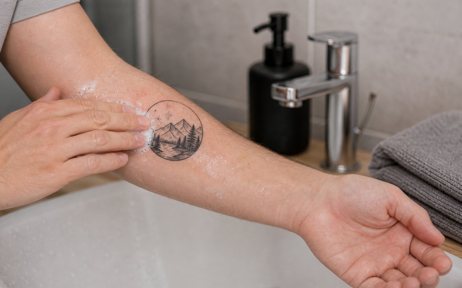 Tatouage récent nettoyé délicatement avec savon doux et serviette propre