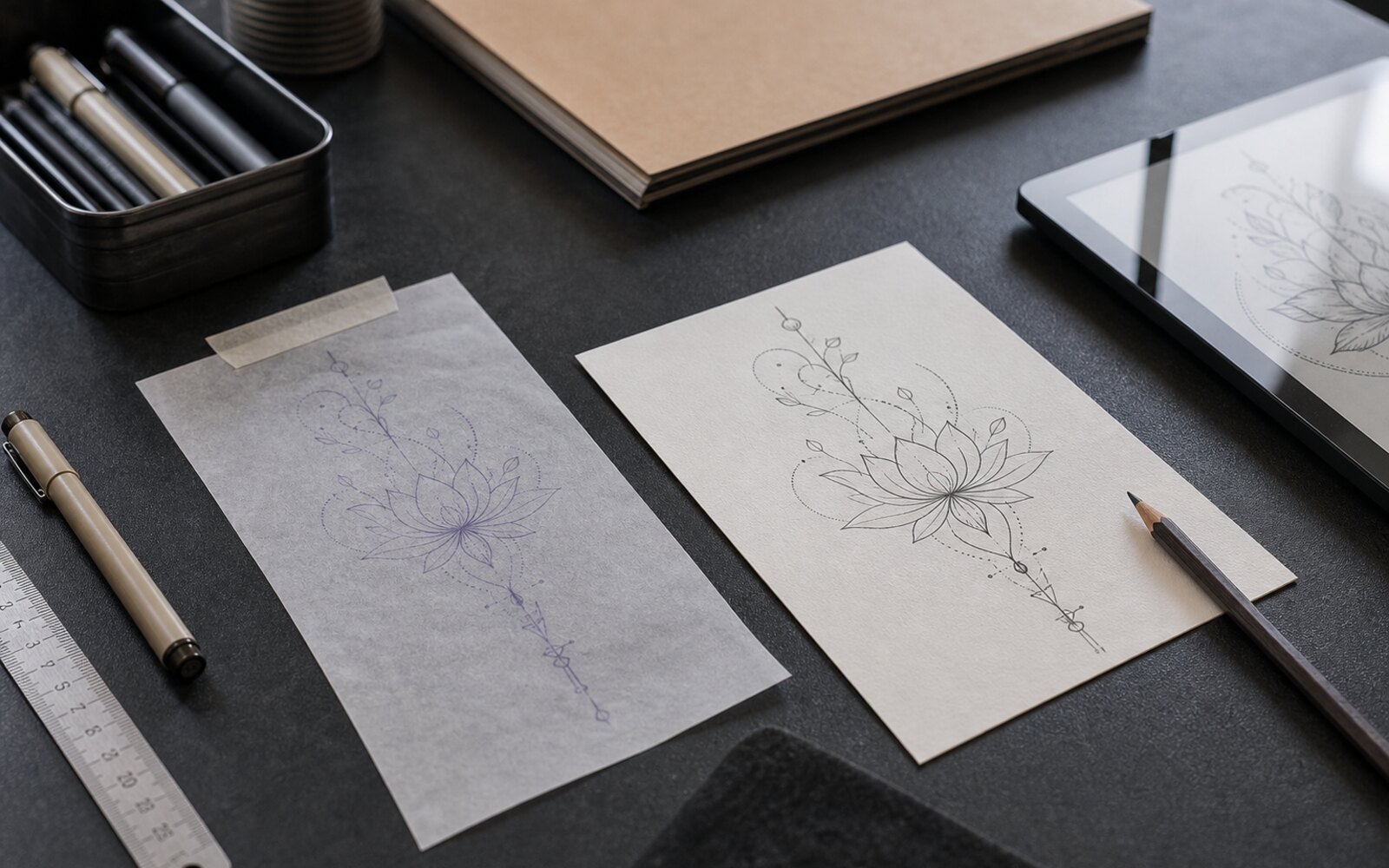 Croquis de tatouage posé à côté d'un calque de transfert
