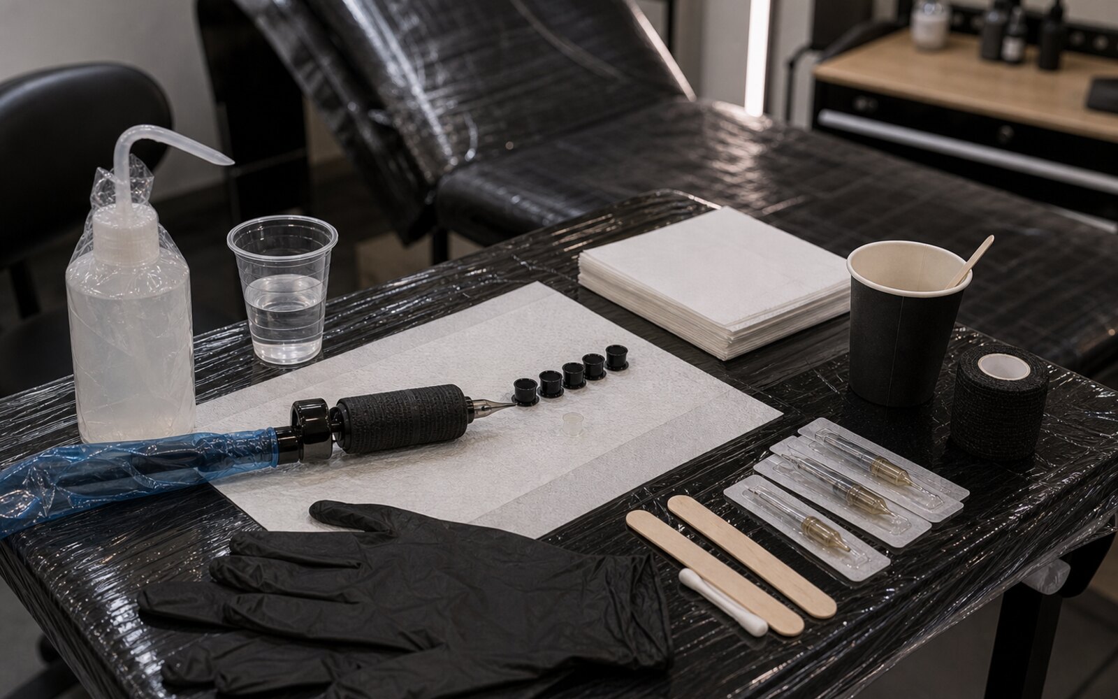 Poste de tatouage protégé avec aiguilles stériles et gants jetables