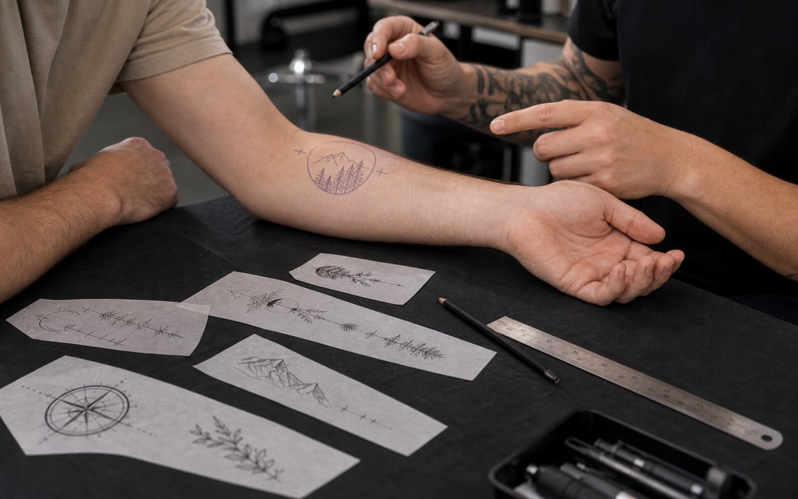 Planche de motifs de tatouage avec zones du bras dessinées au crayon