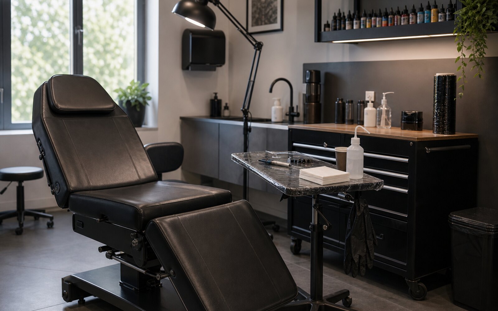 Poste de tatouage préparé avec fauteuil, protections et matériel stérile
